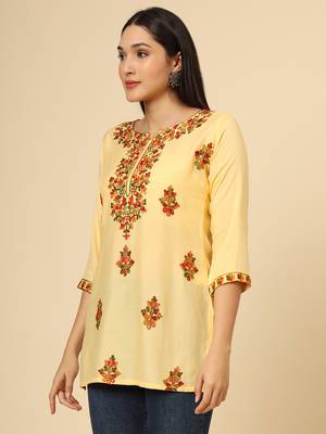Yellow colour chikankari work rayon fabric smart formal girlish looks 4