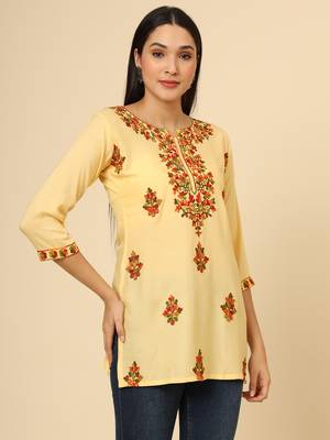 Yellow colour chikankari work rayon fabric smart formal girlish looks 5