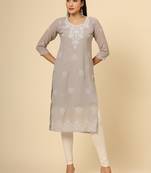 Grey colour georgette fabric chikankari embroidery work ethnic festive casual kurti