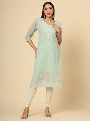 Sea green colour georgette fabric chikankari embroidery work ethnic festive casual kurti 1