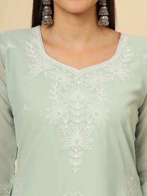 Sea green colour georgette fabric chikankari embroidery work ethnic festive casual kurti 3