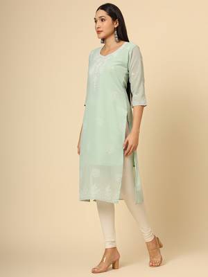 Sea green colour georgette fabric chikankari embroidery work ethnic festive casual kurti 4