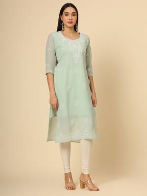 Sea green colour georgette fabric chikankari embroidery work ethnic festive casual kurti 5