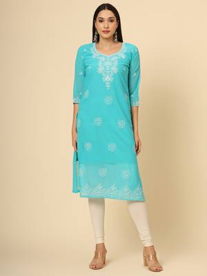 Firozi colour georgette fabric chikankari embroidery work ethnic festive casual kurti 1