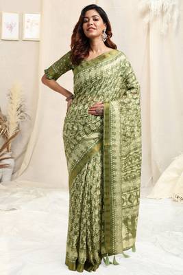 Light green cotton block print golden zari border tassels saree with unstitched blouse piece 2