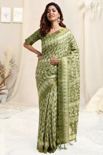 Light green cotton block print golden zari border tassels saree with unstitched blouse piece