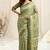 Light green cotton block print golden zari border tassels saree with unstitched blouse piece