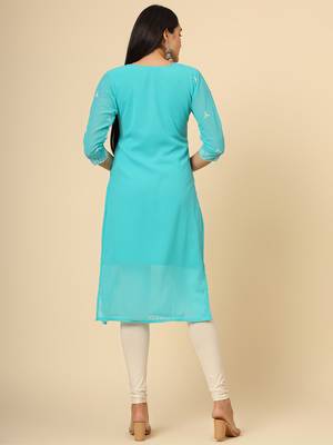 Firozi colour georgette fabric chikankari embroidery work ethnic festive casual kurti 2