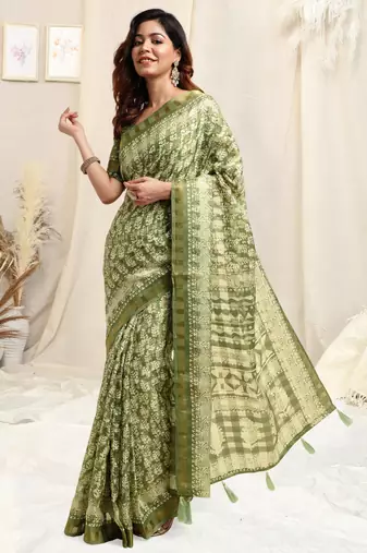 Light green cotton block print golden zari border tassels saree with unstitched blouse piece