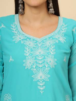 Firozi colour georgette fabric chikankari embroidery work ethnic festive casual kurti 3