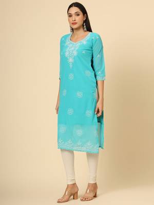 Firozi colour georgette fabric chikankari embroidery work ethnic festive casual kurti 4