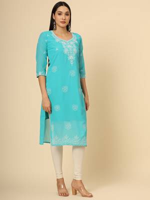 Firozi colour georgette fabric chikankari embroidery work ethnic festive casual kurti 5