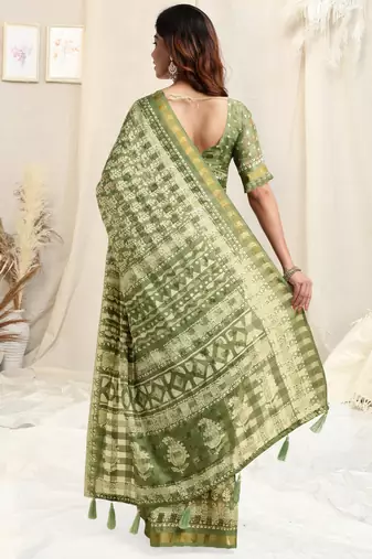 Light green cotton block print golden zari border tassels saree with unstitched blouse piece