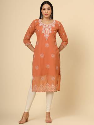Orange colour georgette fabric chikankari embroidery work ethnic festive casual kurti 1