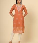 Orange colour georgette fabric chikankari embroidery work ethnic festive casual kurti