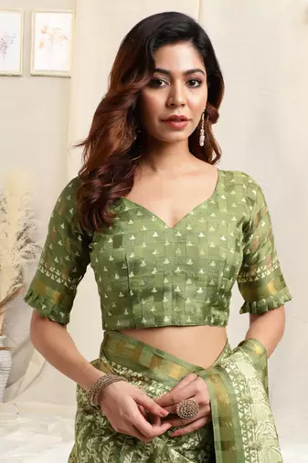 Light green cotton block print golden zari border tassels saree with unstitched blouse piece