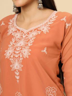 Orange colour georgette fabric chikankari embroidery work ethnic festive casual kurti 3