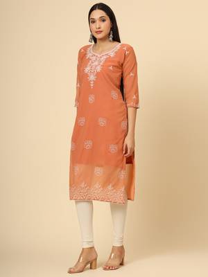 Orange colour georgette fabric chikankari embroidery work ethnic festive casual kurti 4