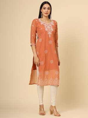 Orange colour georgette fabric chikankari embroidery work ethnic festive casual kurti 5