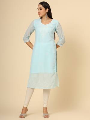 Sky blue colour georgette fabric chikankari embroidery work ethnic festive casual kurti 1