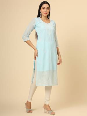 Sky blue colour georgette fabric chikankari embroidery work ethnic festive casual kurti 4