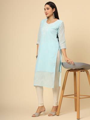 Sky blue colour georgette fabric chikankari embroidery work ethnic festive casual kurti 5