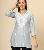 Grey colour fancy ethnic chikankari embroidery work short kurti for trendy girlish looks