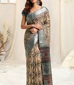 Cream Cotton Blend Shibori Print Block Print Satin Woven Border Saree With Unstitched Blouse Piece
