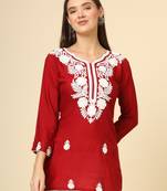 Red colour fancy ethnic chikankari embroidery work short kurti for trendy girlish looks