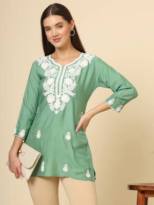 Green colour fancy ethnic chikankari embroidery work short kurti for trendy girlish looks 1