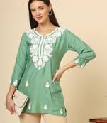 Green colour fancy ethnic chikankari embroidery work short kurti for trendy girlish looks