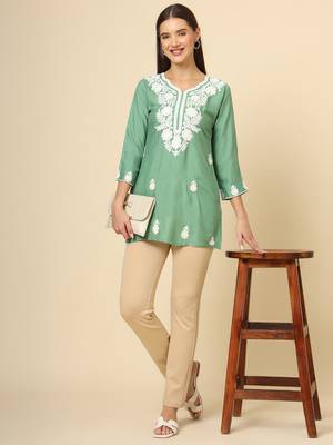 Green colour fancy ethnic chikankari embroidery work short kurti for trendy girlish looks 2