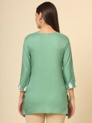 Green colour fancy ethnic chikankari embroidery work short kurti for trendy girlish looks 3