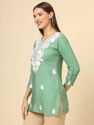 Green colour fancy ethnic chikankari embroidery work short kurti for trendy girlish looks 4