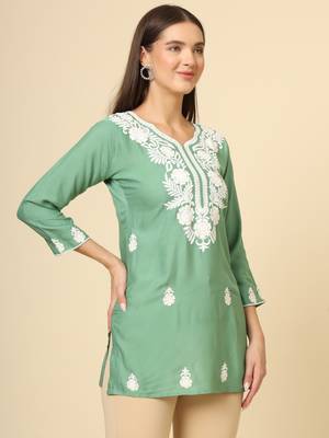 Green colour fancy ethnic chikankari embroidery work short kurti for trendy girlish looks 5