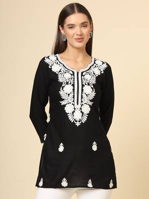 Black colour fancy ethnic chikankari embroidery work short kurti for trendy girlish looks 1