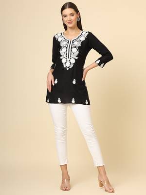 Black colour fancy ethnic chikankari embroidery work short kurti for trendy girlish looks 2