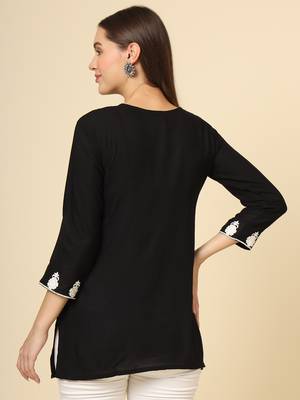 Black colour fancy ethnic chikankari embroidery work short kurti for trendy girlish looks 3