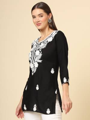 Black colour fancy ethnic chikankari embroidery work short kurti for trendy girlish looks 4