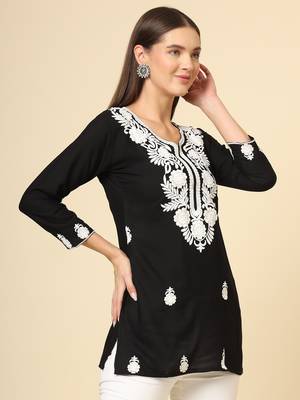 Black colour fancy ethnic chikankari embroidery work short kurti for trendy girlish looks 5