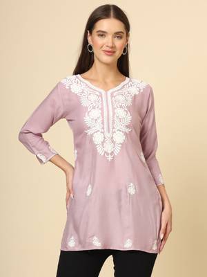 Purple colour fancy ethnic chikankari embroidery work short kurti for trendy girlish looks 1