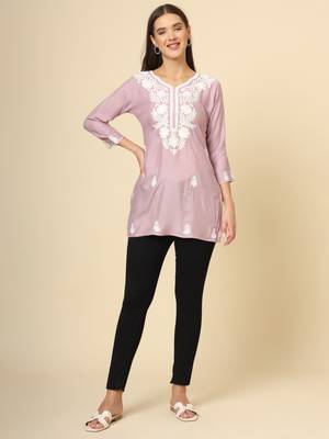 Purple colour fancy ethnic chikankari embroidery work short kurti for trendy girlish looks 2