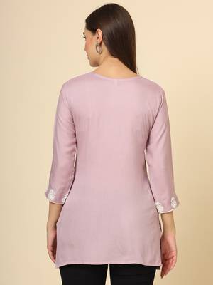Purple colour fancy ethnic chikankari embroidery work short kurti for trendy girlish looks 3