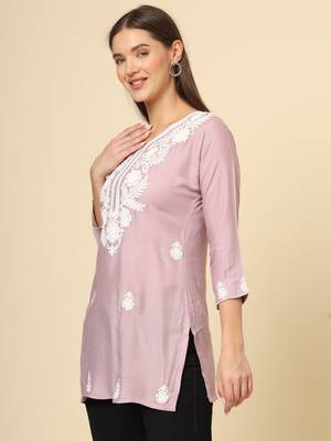 Purple colour fancy ethnic chikankari embroidery work short kurti for trendy girlish looks 4