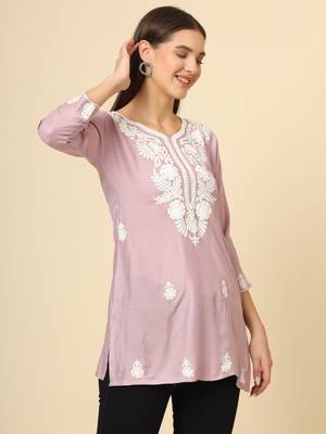 Purple colour fancy ethnic chikankari embroidery work short kurti for trendy girlish looks 5