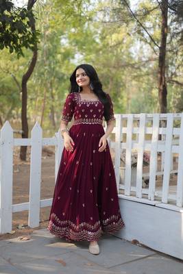 Wine colour sequins work partywear gown for trendy looks 1