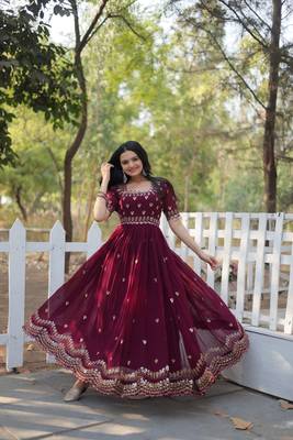 Wine colour sequins work partywear gown for trendy looks 3