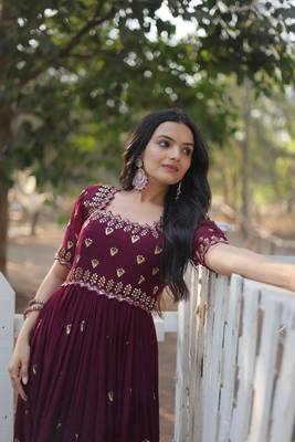 Wine colour sequins work partywear gown for trendy looks 4