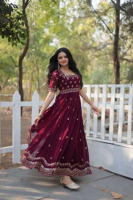 Wine colour sequins work partywear gown for trendy looks 5