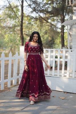 Wine colour sequins work partywear gown for trendy looks 6